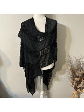 NWT ANNA & AVA Women Black Textured Shawl Wrap Open Front Striped Crochet OS